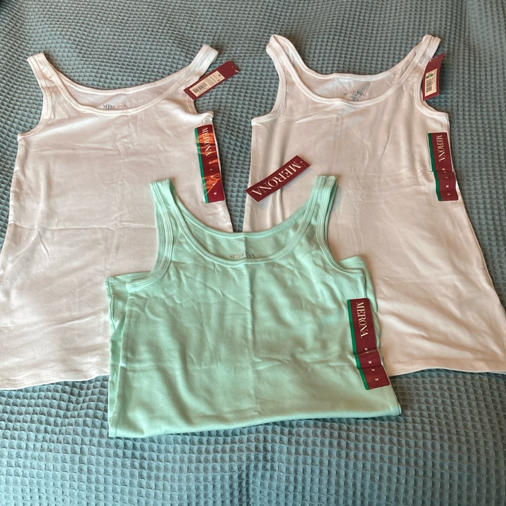 Three Brand New Merona Tank Tops - in White and Mint - Size Medium